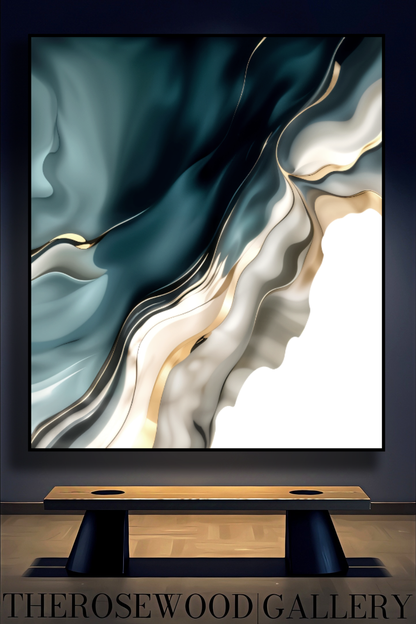 Digital Pouring Painting  Abstract Art Deep Turquoise Azur Golden Lines Shades Of Ivory Sylver Background