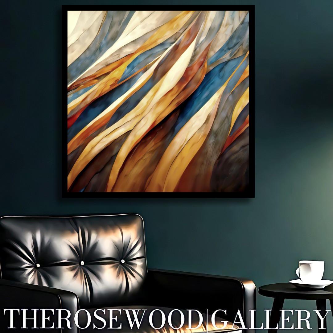 Bronze Paint Digital Abstract Contemporary Art Deep Shades  Brown Navy Blue Golden Ochre Tones Fall Wall Decor Fluid Movement Vibrant Warmth