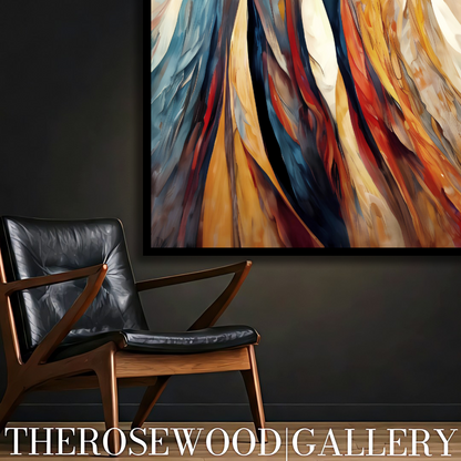 Elegant Modern Wall Decor Digital Painting Shades of Beige Ochre Brick Red Navy Blue Blend Vertical Bands Warm Colors