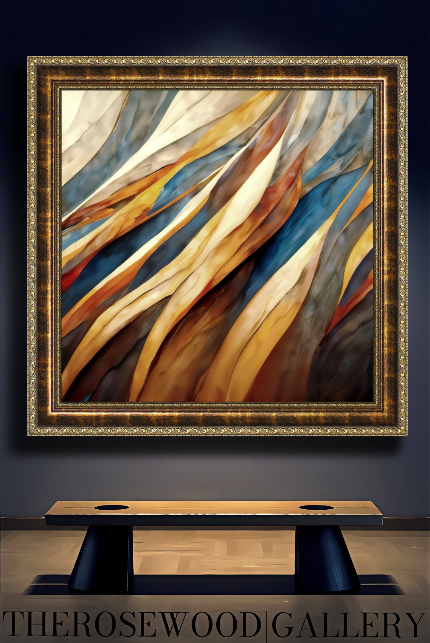 Bronze Paint Digital Abstract Contemporary Art Deep Shades  Brown Navy Blue Golden Ochre Tones Fall Wall Decor Fluid Movement Vibrant Warmth