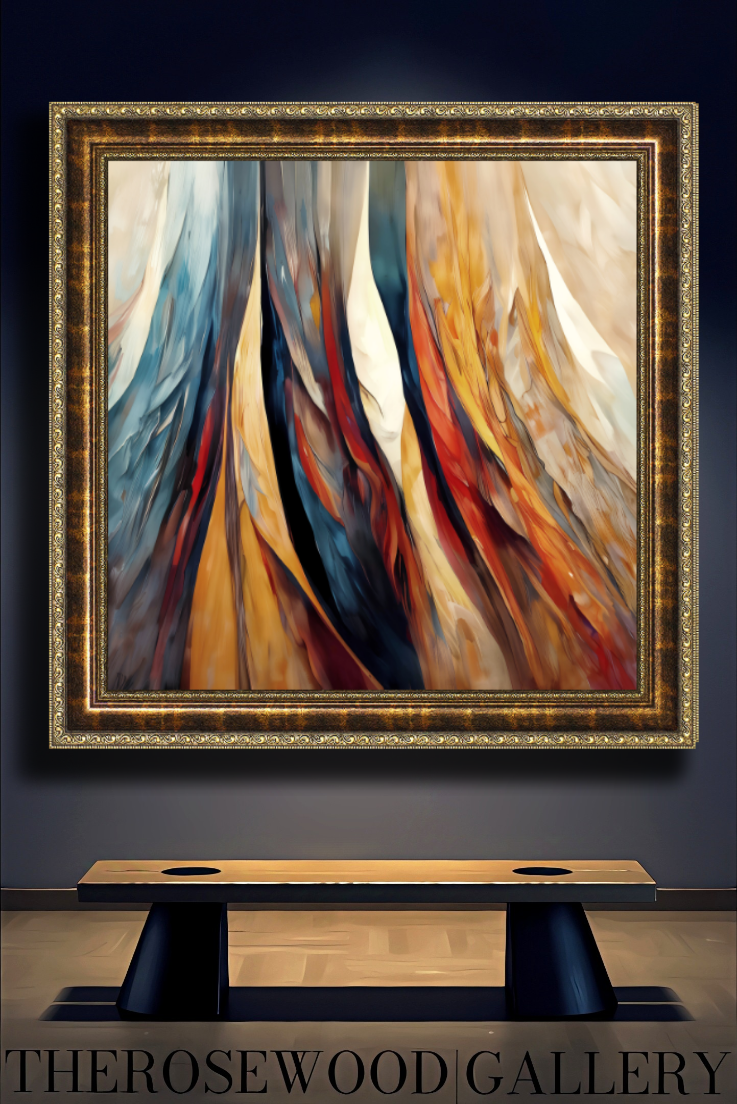 Elegant Modern Wall Decor Digital Painting Shades of Beige Ochre Brick Red Navy Blue Blend Vertical Bands Warm Colors