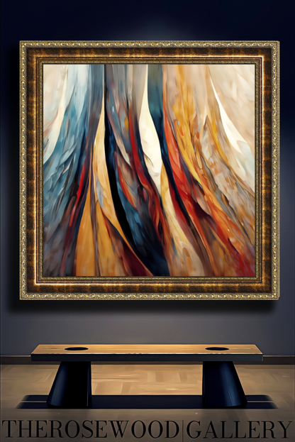 Elegant Modern Wall Decor Digital Painting Shades of Beige Ochre Brick Red Navy Blue Blend Vertical Bands Warm Colors