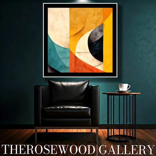 Abstract Contemporary Minimalist Digital Artwork Warm Hues Orange-yellow Earthy Red Shades Of Teal Blue Geometric Forms  Symphony Abstract Cubism