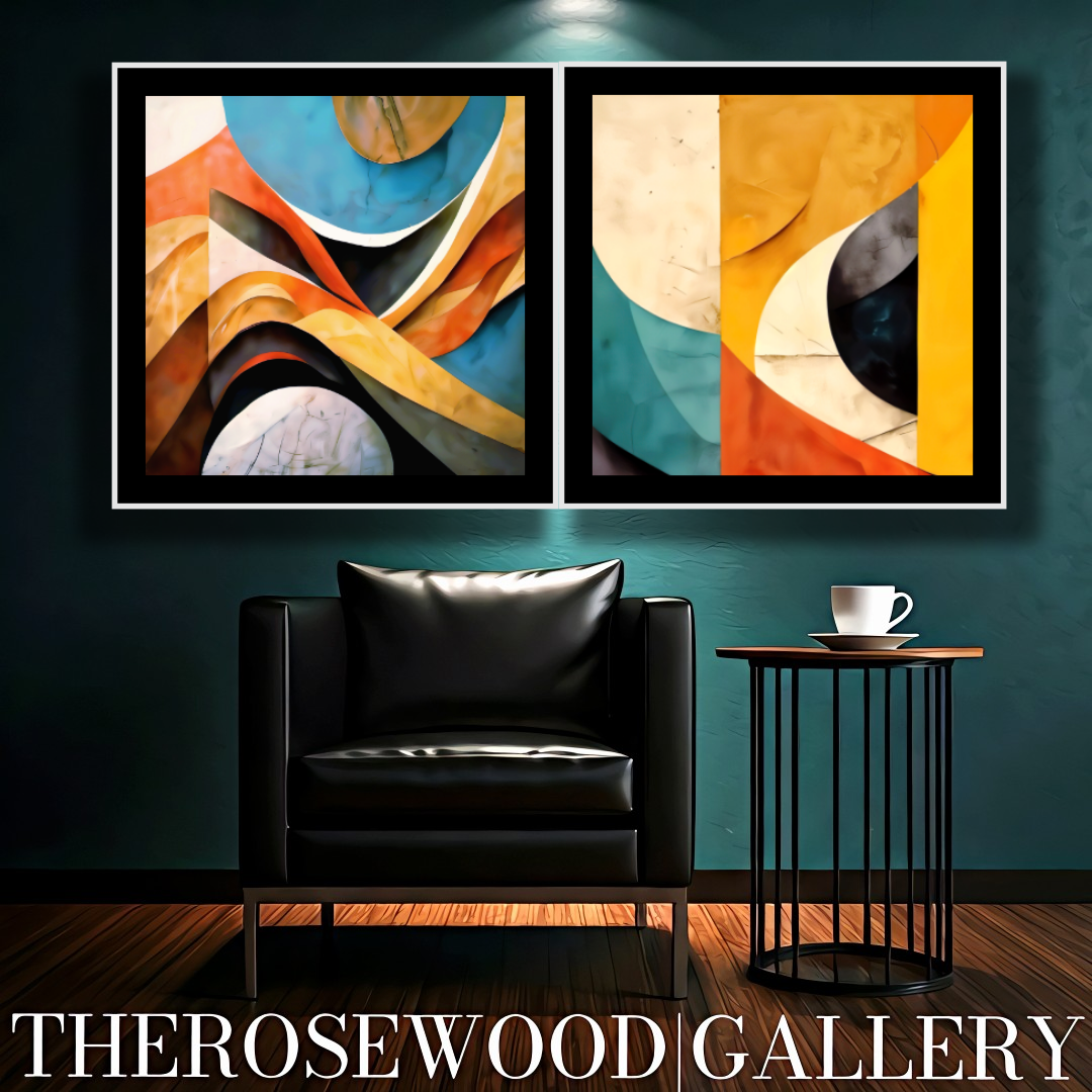 Abstract Minimalist Digital Artwork Orange Ochre Yellow Brick Red Blue Cool Vibrant Colors Abstract Cubism