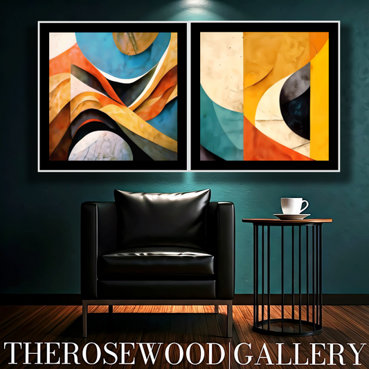 Abstract Minimalist Digital Artwork Orange Ochre Yellow Brick Red Blue Cool Vibrant Colors Abstract Cubism
