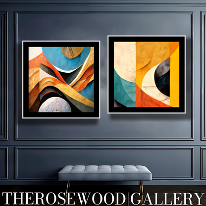 Abstract Minimalist Digital Artwork Orange Ochre Yellow Brick Red Blue Cool Vibrant Colors Abstract Cubism