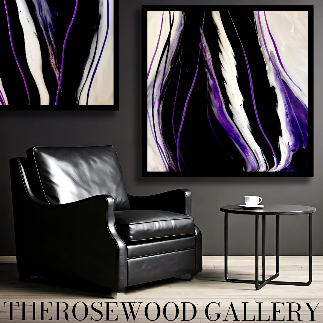 Contemporary Abstract Digital Artwork Vertical Bands Black White Cream Violet Fluid Organic Movement Pouring Painting