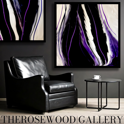 Contemporary Abstract Digital Artwork Vertical Bands Black White Cream Violet Fluid Organic Movement Pouring Painting