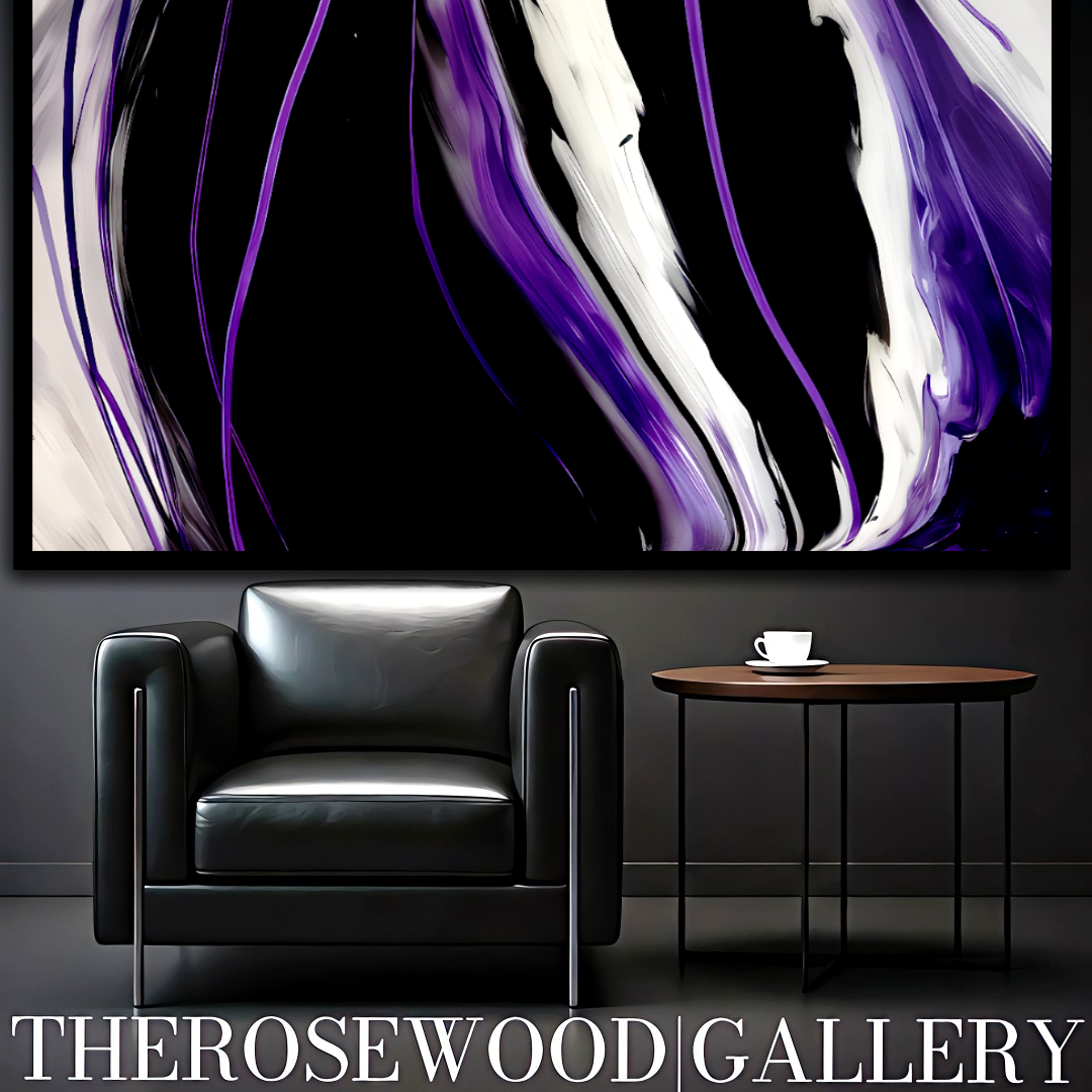 Contemporary Abstract Digital Artwork Vertical Bands Black White Cream Violet Fluid Organic Movement Pouring Painting