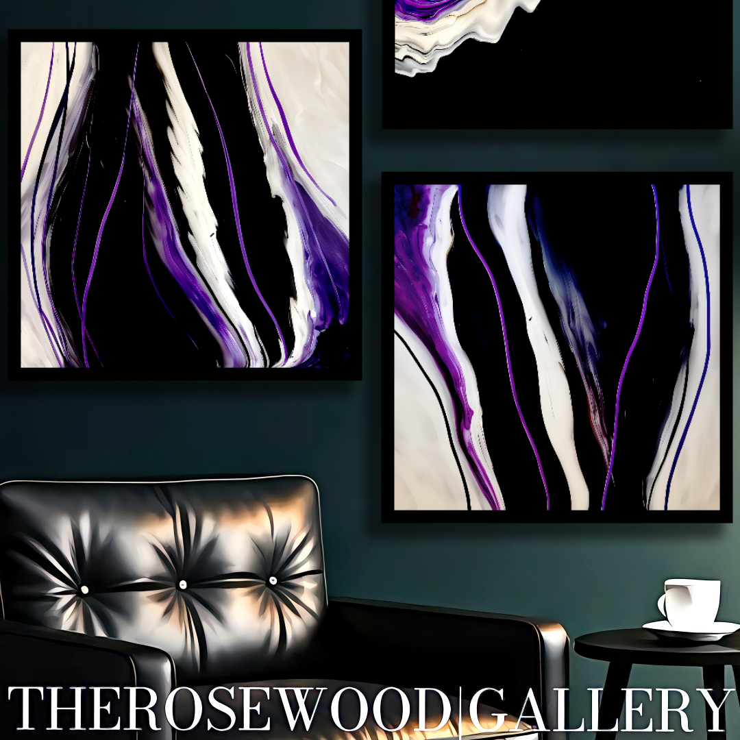 Contemporary Abstract Digital Artwork Vertical Bands Black White Cream Violet Fluid Organic Movement Pouring Painting