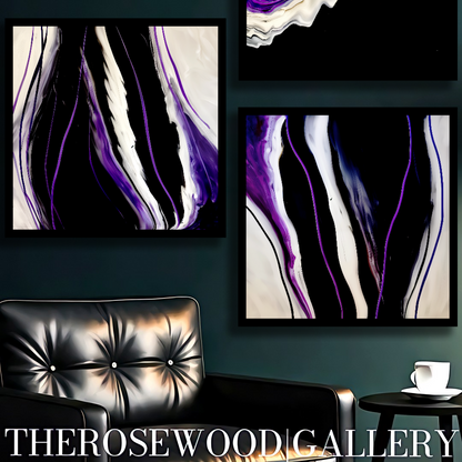 Contemporary Abstract Digital Artwork Vertical Bands Black White Cream Violet Fluid Organic Movement Pouring Painting