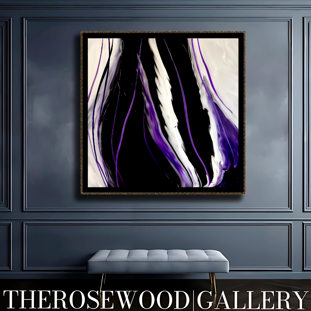 Contemporary Abstract Digital Artwork Vertical Bands Black White Cream Violet Fluid Organic Movement Pouring Painting