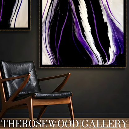 Contemporary Abstract Digital Artwork Vertical Bands Black White Cream Violet Fluid Organic Movement Pouring Painting