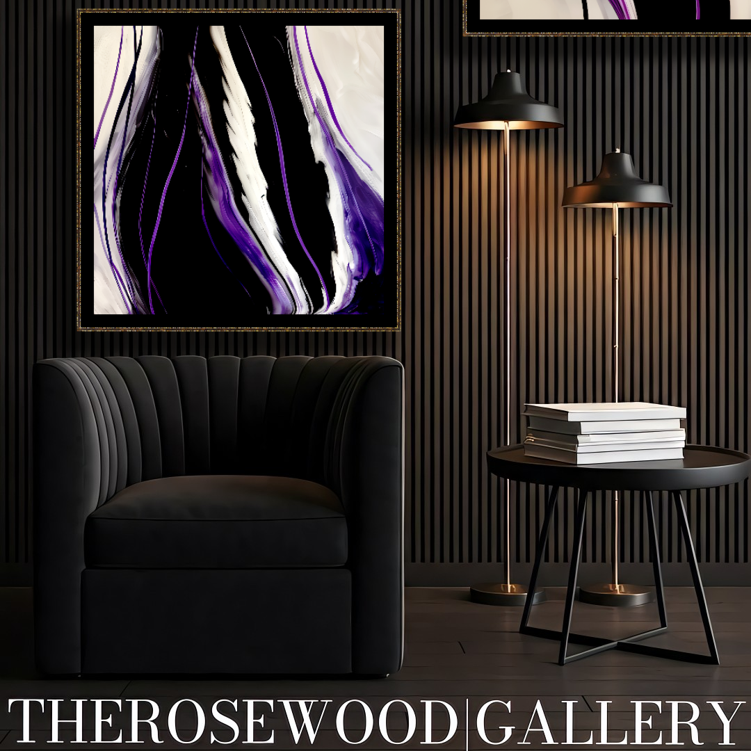 Contemporary Abstract Digital Artwork Vertical Bands Black White Cream Violet Fluid Organic Movement Pouring Painting