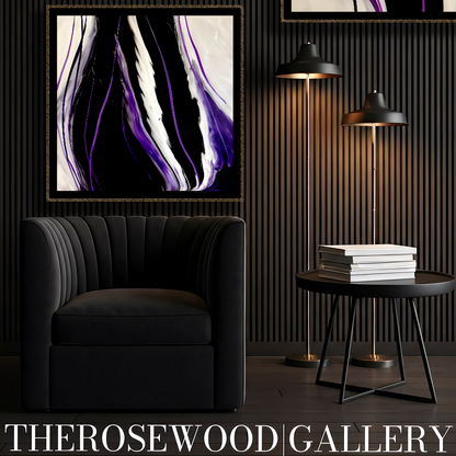 Contemporary Abstract Digital Artwork Vertical Bands Black White Cream Violet Fluid Organic Movement Pouring Painting