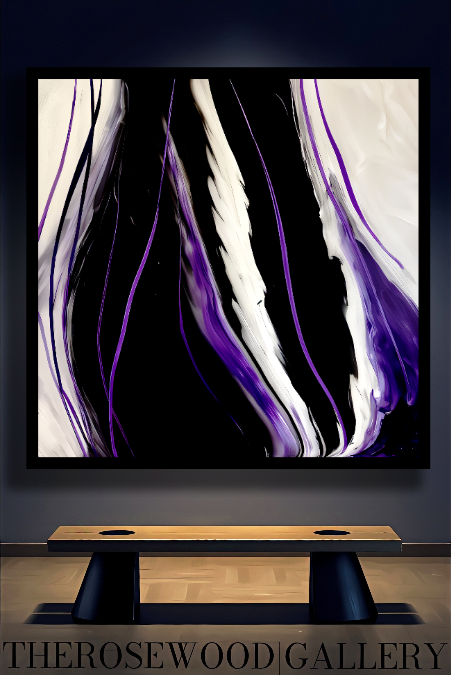 Contemporary Abstract Digital Artwork Vertical Bands Black White Cream Violet Fluid Organic Movement Pouring Painting