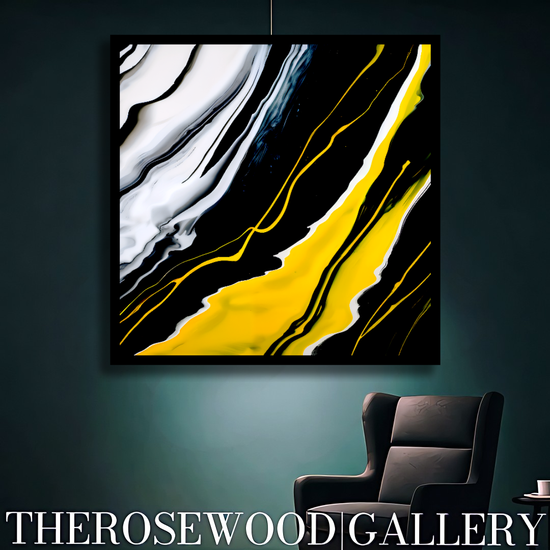 Digital Pouring Painting Deep Black And Pure White Lines Warm Yellow