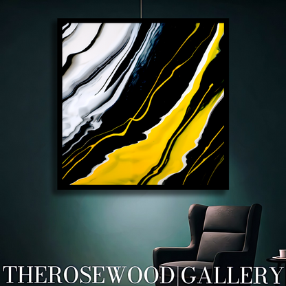 Digital Pouring Painting Deep Black And Pure White Lines Warm Yellow