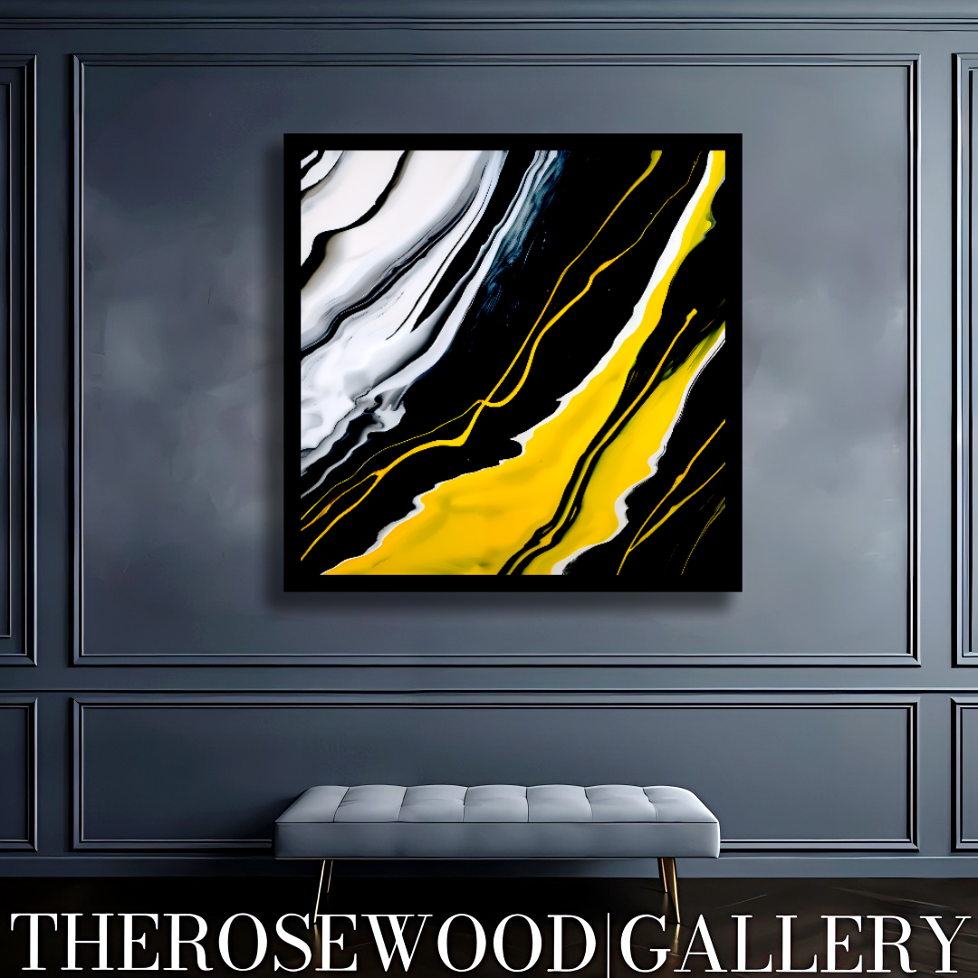 Digital Pouring Painting Deep Black And Pure White Lines Warm Yellow