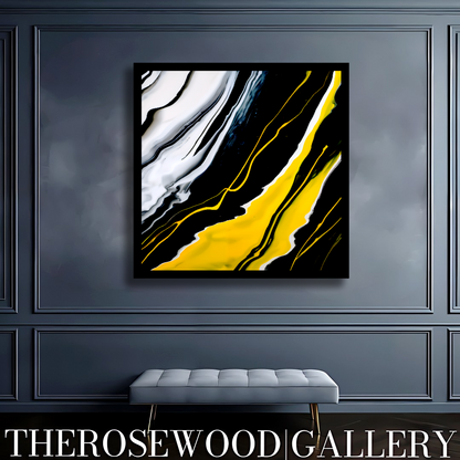 Digital Pouring Painting Deep Black And Pure White Lines Warm Yellow