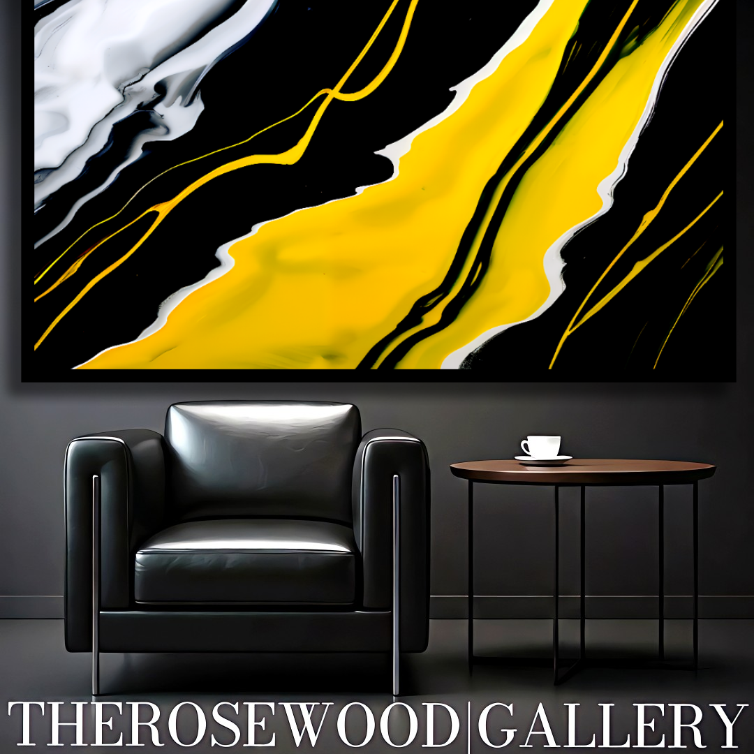 Digital Pouring Painting Deep Black And Pure White Lines Warm Yellow