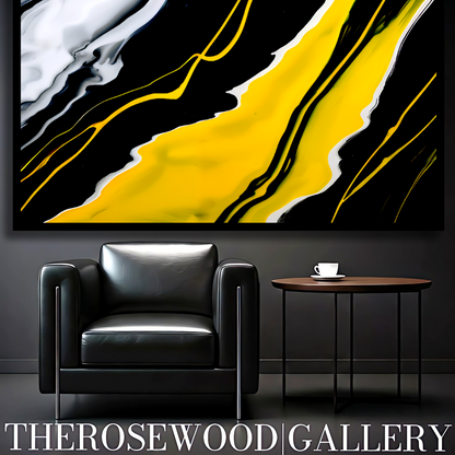 Digital Pouring Painting Deep Black And Pure White Lines Warm Yellow