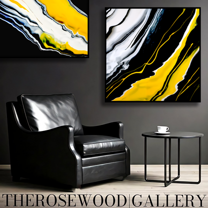 Digital Pouring Painting Deep Black And Pure White Lines Warm Yellow