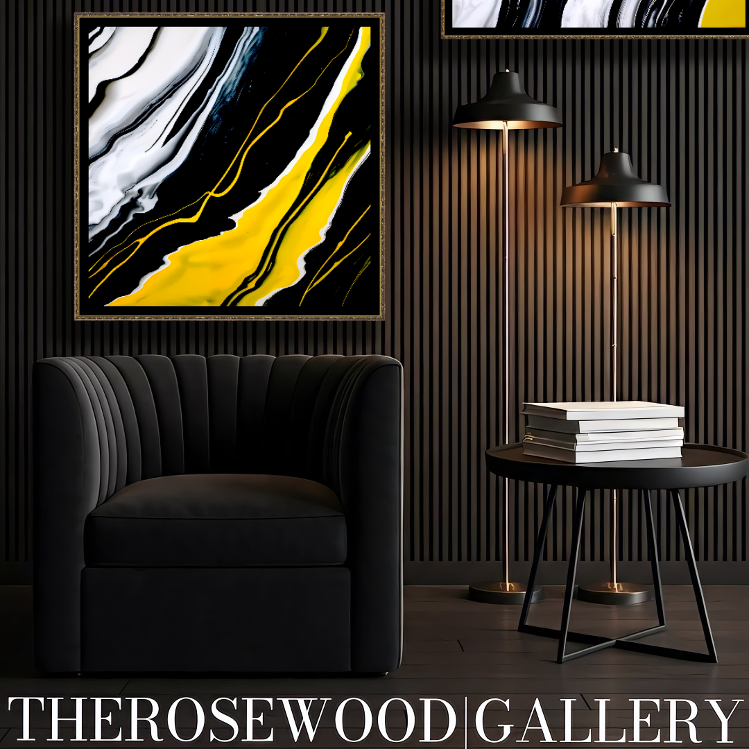 Digital Pouring Painting Deep Black And Pure White Lines Warm Yellow