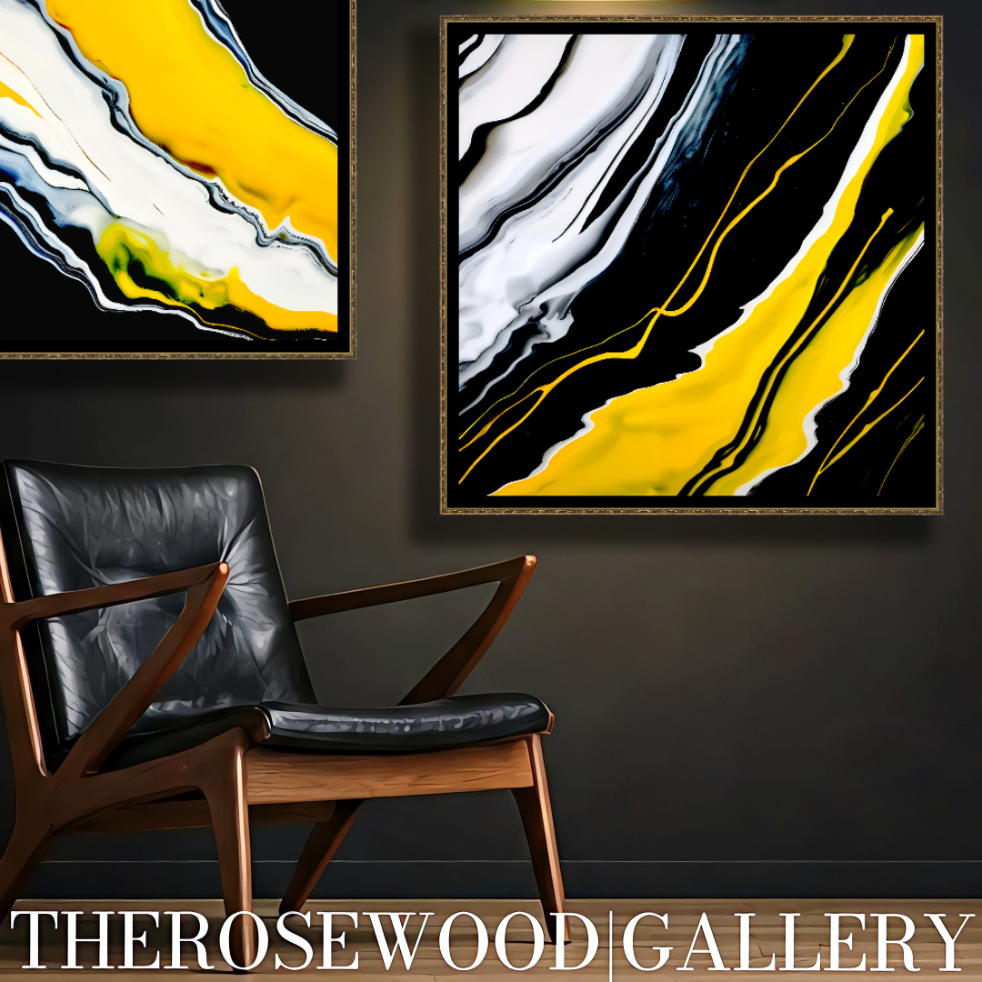 Digital Pouring Painting Deep Black And Pure White Lines Warm Yellow