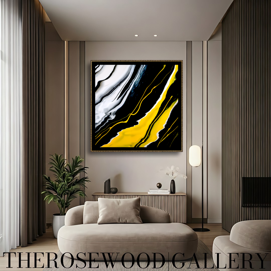 Digital Pouring Painting Deep Black And Pure White Lines Warm Yellow