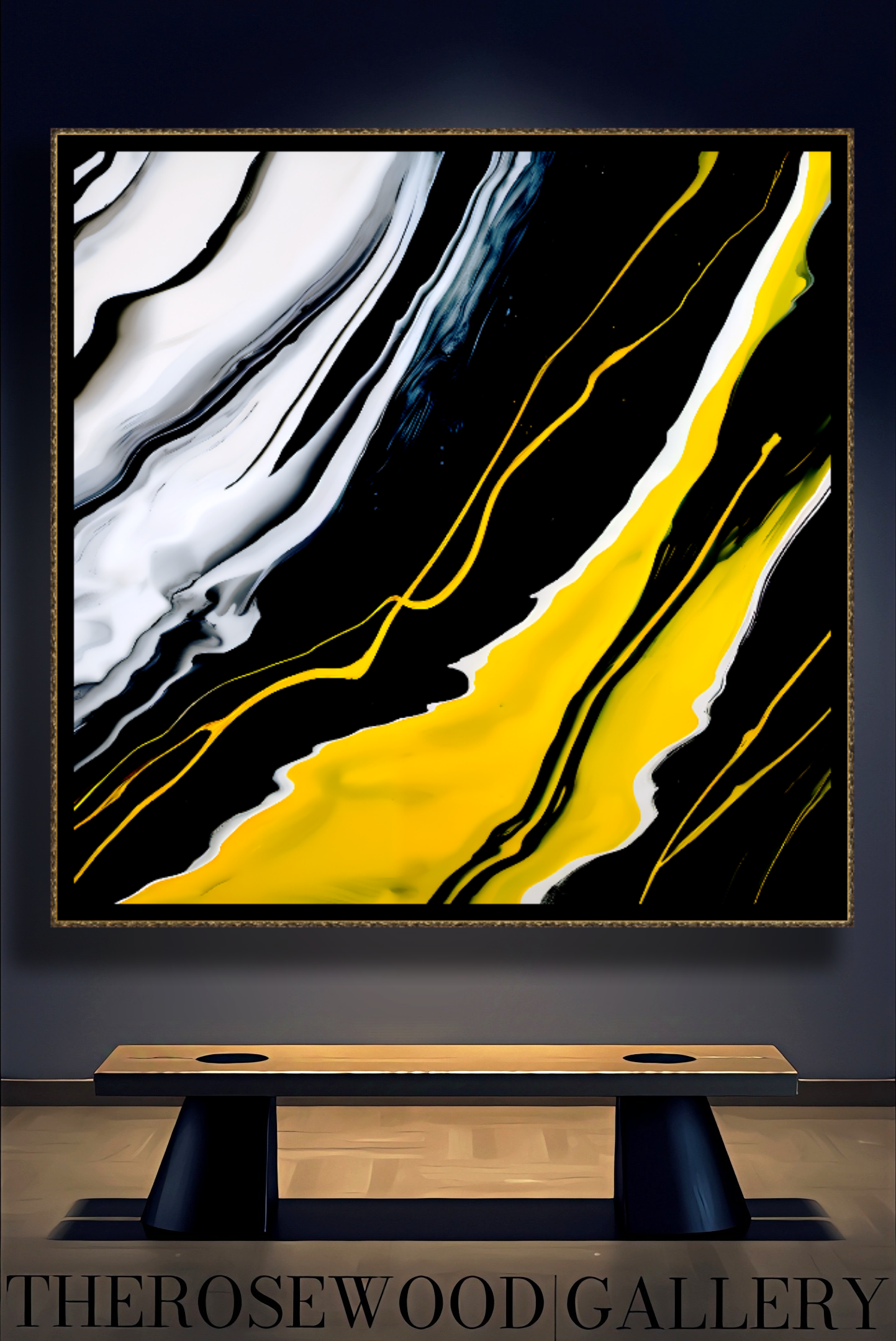 Digital Pouring Painting Deep Black And Pure White Lines Warm Yellow