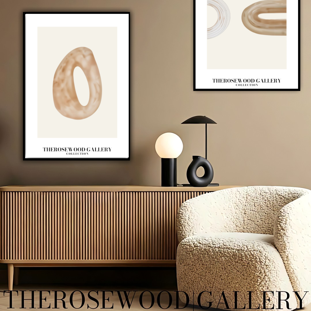 Affiche numérique minimaliste | Téléchargement instantané | Fond neutre et chaleureux | Formes circulaires abstraites | Tons terreux doux | Palette de couleurs beige taupe