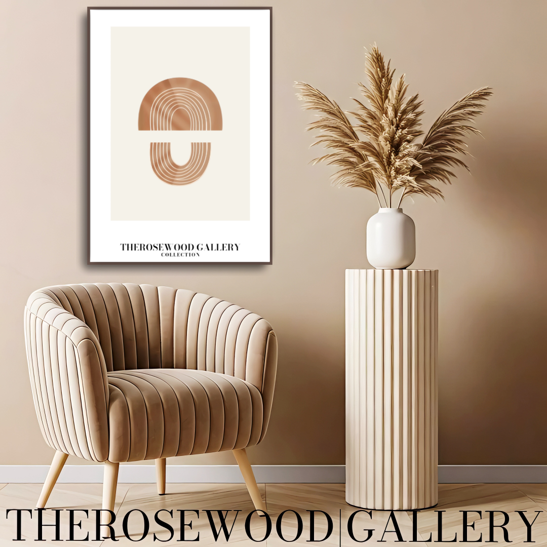 Décoration murale minimaliste moderne | Impression numérique abstraite | Décor crème | Formes géométriques en dôme | Palette brun terre cuite | Affiche artistique épurée