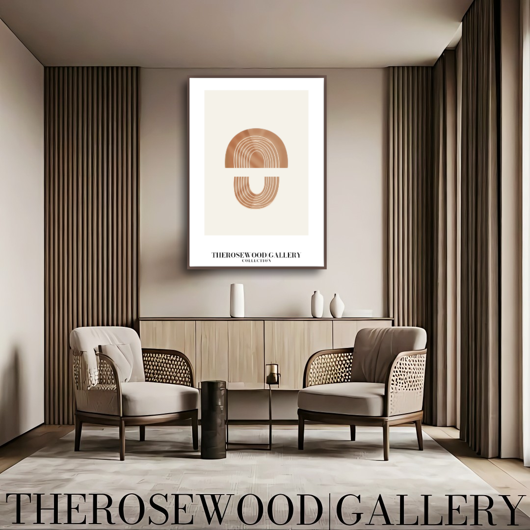 Décoration murale minimaliste moderne | Impression numérique abstraite | Décor crème | Formes géométriques en dôme | Palette brun terre cuite | Affiche artistique épurée