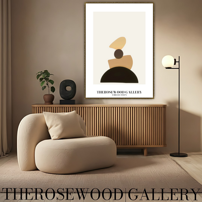 Zeitgenössische asymmetrische Wandkunst | Digitaler Leinwanddruck | Sanfte Brauntöne und beige Akzente | Künstlerische Geometrie | Ruhiger moderner Raum