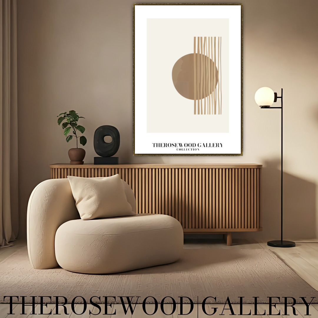 Digitales Kunstwerk mit minimalistischer Symmetrie | Modernes Wohndekor | Farbschema Braun und Beige | Künstlerische Linien | Friedliche, stilvolle Umgebung
