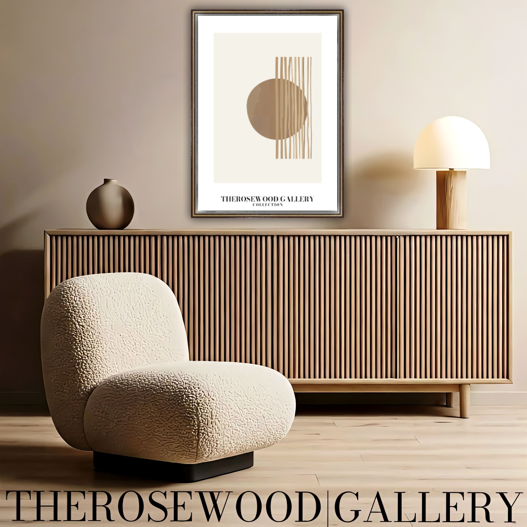 Digitales Kunstwerk mit minimalistischer Symmetrie | Modernes Wohndekor | Farbschema Braun und Beige | Künstlerische Linien | Friedliche, stilvolle Umgebung