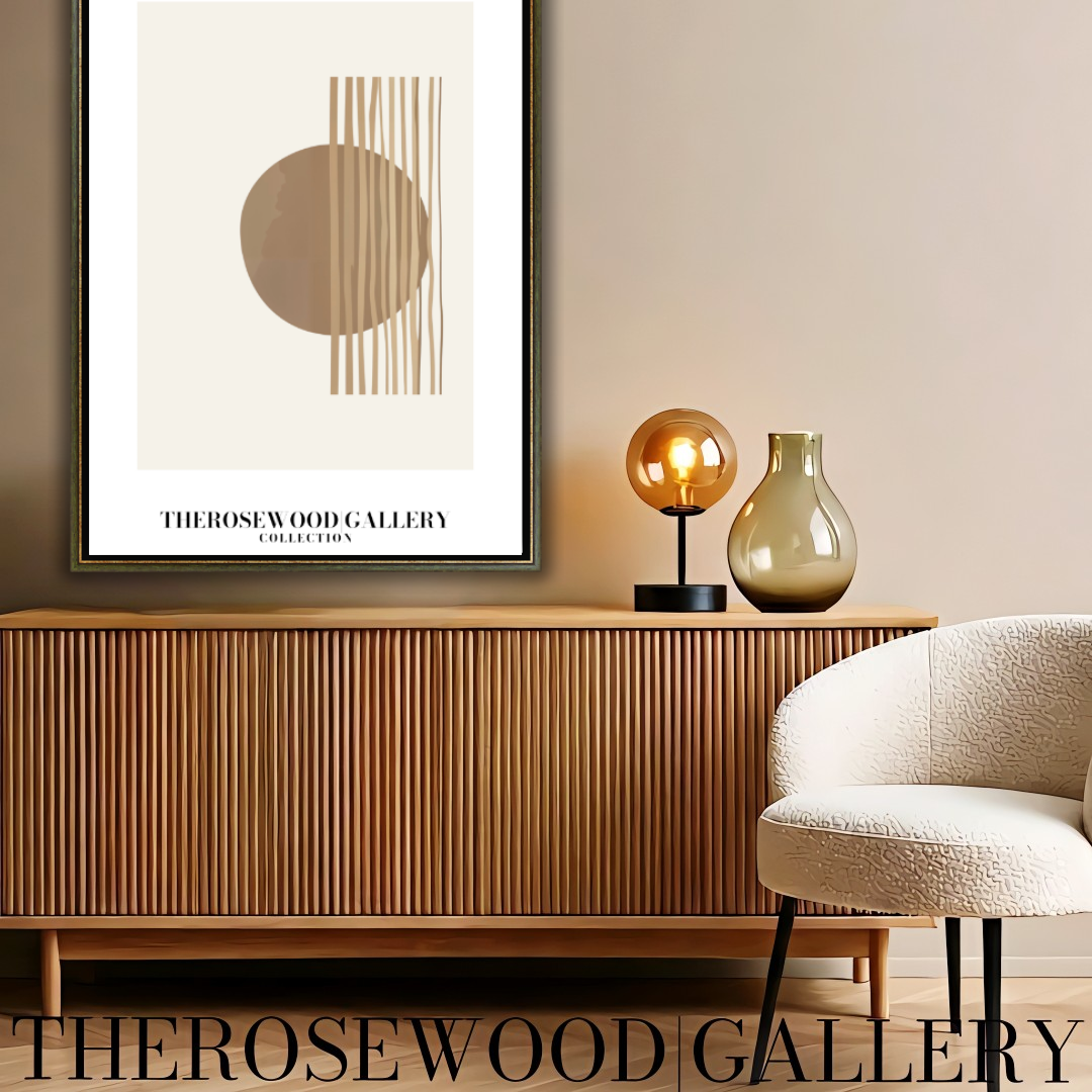 Digitales Kunstwerk mit minimalistischer Symmetrie | Modernes Wohndekor | Farbschema Braun und Beige | Künstlerische Linien | Friedliche, stilvolle Umgebung