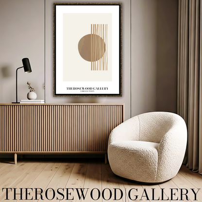 Digitales Kunstwerk mit minimalistischer Symmetrie | Modernes Wohndekor | Farbschema Braun und Beige | Künstlerische Linien | Friedliche, stilvolle Umgebung
