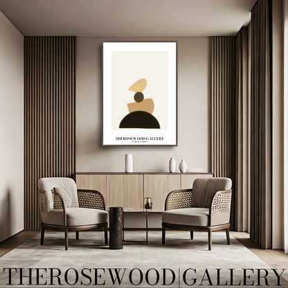 Zeitgenössische asymmetrische Wandkunst | Digitaler Leinwanddruck | Sanfte Brauntöne und beige Akzente | Künstlerische Geometrie | Ruhiger moderner Raum