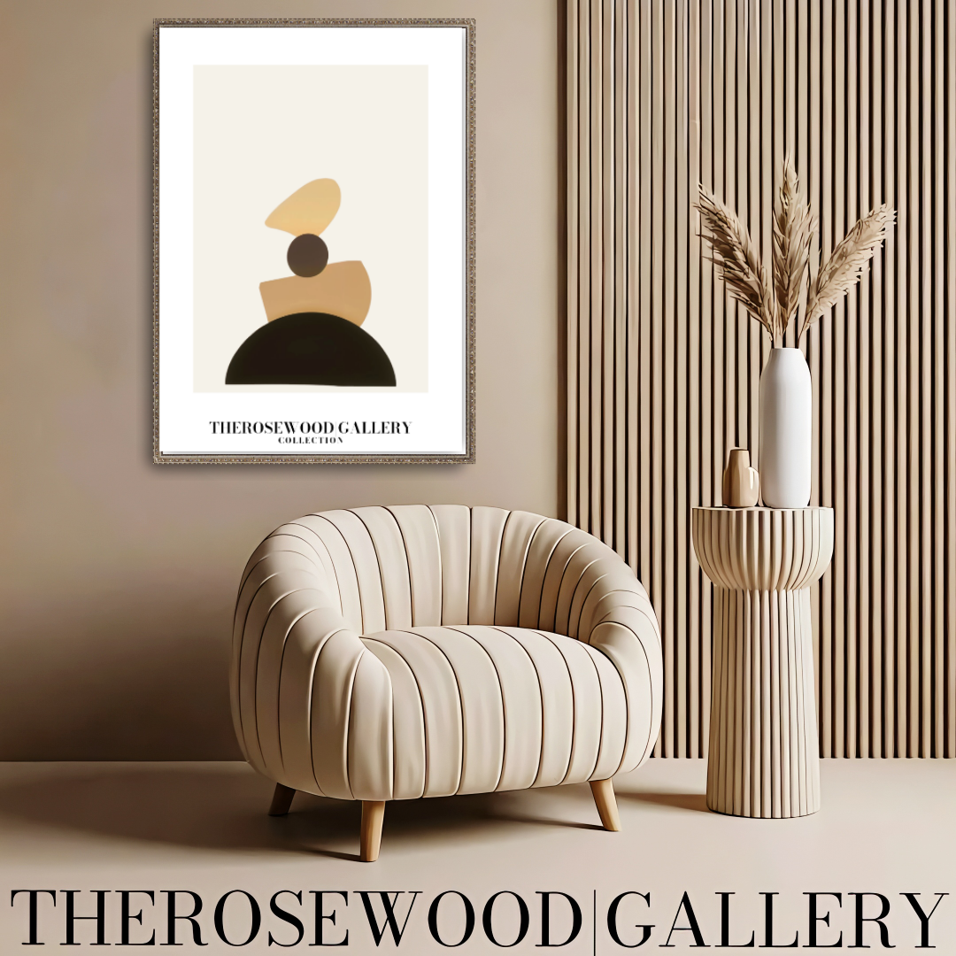 Zeitgenössische asymmetrische Wandkunst | Digitaler Leinwanddruck | Sanfte Brauntöne und beige Akzente | Künstlerische Geometrie | Ruhiger moderner Raum