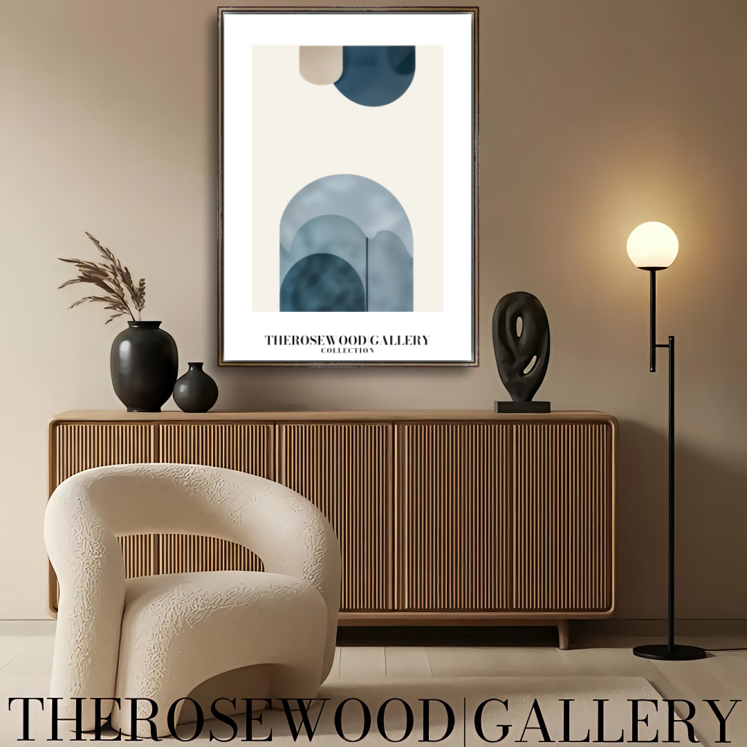 Art imprimable haute définition | Design contemporain aux courbes | Teintes bleu et beige-gris | Art minimaliste | Décoration murale sereine