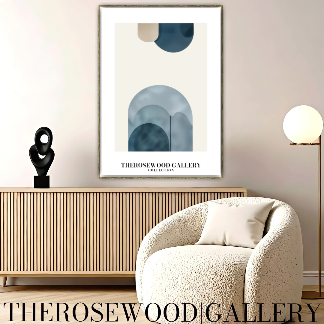 Art imprimable haute définition | Design contemporain aux courbes | Teintes bleu et beige-gris | Art minimaliste | Décoration murale sereine