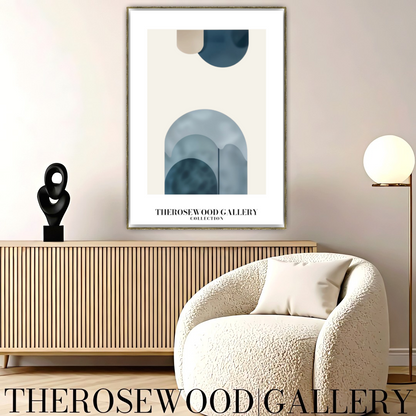 Art imprimable haute définition | Design contemporain aux courbes | Teintes bleu et beige-gris | Art minimaliste | Décoration murale sereine