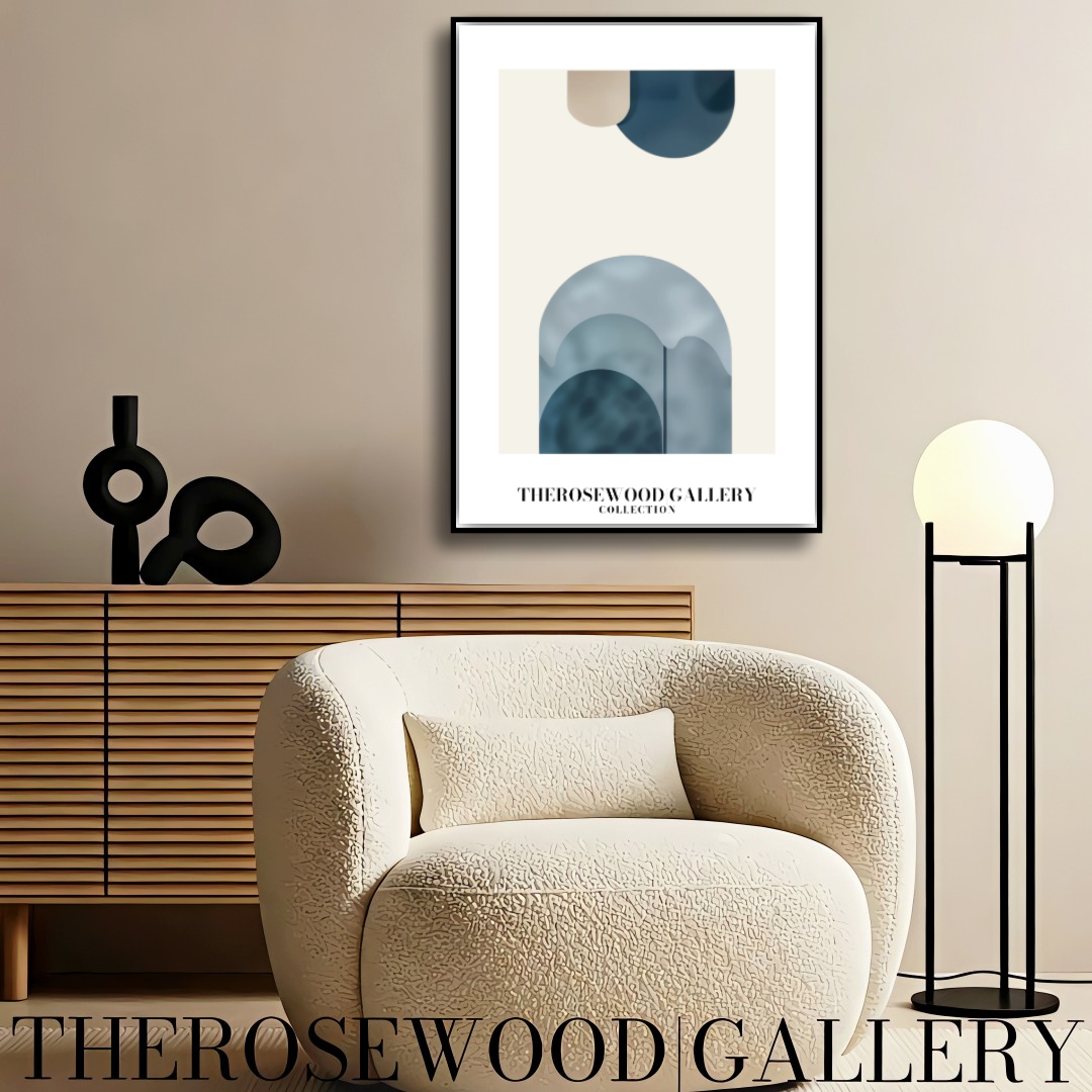 Art imprimable haute définition | Design contemporain aux courbes | Teintes bleu et beige-gris | Art minimaliste | Décoration murale sereine