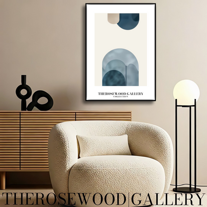 Art imprimable haute définition | Design contemporain aux courbes | Teintes bleu et beige-gris | Art minimaliste | Décoration murale sereine