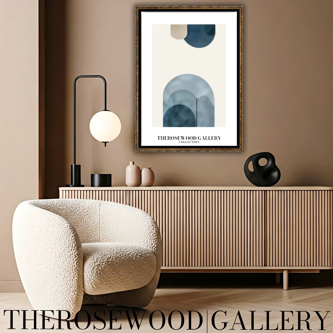 Art imprimable haute définition | Design contemporain aux courbes | Teintes bleu et beige-gris | Art minimaliste | Décoration murale sereine