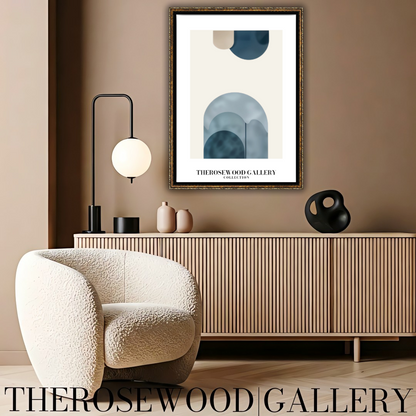 Art imprimable haute définition | Design contemporain aux courbes | Teintes bleu et beige-gris | Art minimaliste | Décoration murale sereine