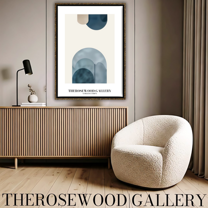 Art imprimable haute définition | Design contemporain aux courbes | Teintes bleu et beige-gris | Art minimaliste | Décoration murale sereine