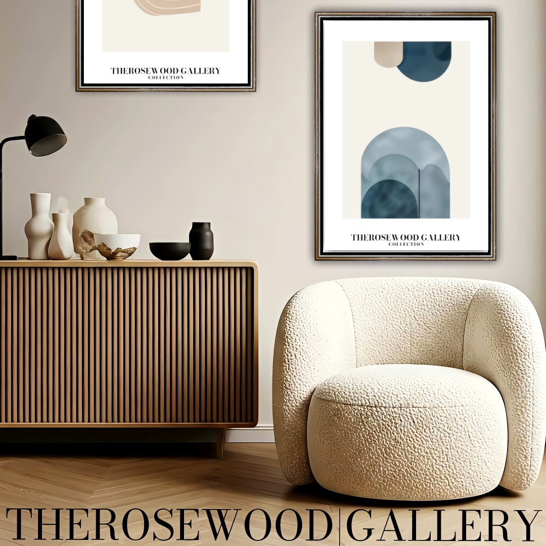 Art imprimable haute définition | Design contemporain aux courbes | Teintes bleu et beige-gris | Art minimaliste | Décoration murale sereine
